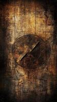 Distressed wooden door with circular symbol and diagonal slash photo