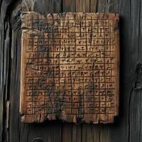 Ancient weathered wooden tablet etched with grid and text photo