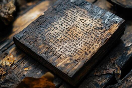 An ancient weathered book displays archaic text on wooden pages photo