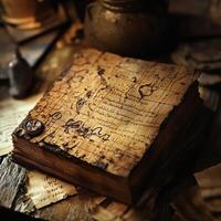 Ancient book covered with map and handwritten text is presented photo