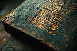 Detailed closeup reveals heavily weathered wooden board with unique patterns photo