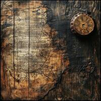 Antique clock attached to wooden surface with script detail photo