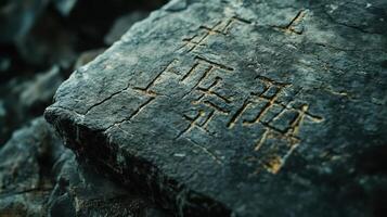 Ancient carvings are etched into a weathered gray stone surface photo