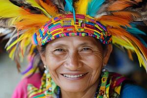 A woman wearing a colorful headdress and smiling photo