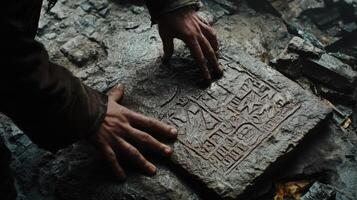 Person examining ancient stone tablet with carved unknown characters photo