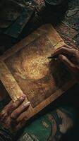 Hands drawing a mysterious diagram on antique looking paper photo
