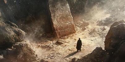 Lone traveler faces ancient stone monument in a desolate landscape photo