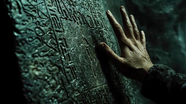 Wet hand touching ancient stone tablet covered in glyphs photo