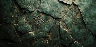 Stone surface reveals a chiseled rune symbol surrounded by cracks photo