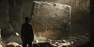 Man faces ancient monolith covered with inscriptions inside cave photo