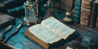 An old book lies open amongst antiquities on a wooden table photo