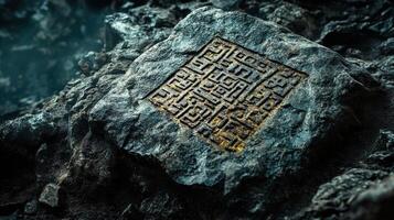 Carved stone with complex maze like design sits in nature photo
