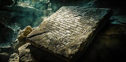 Ancient stone tablet with inscription lies within dark cave photo