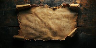 Old parchment paper scroll lies on a dark wooden surface photo