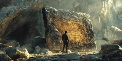 Man contemplates ancient writings on massive rock within cave photo