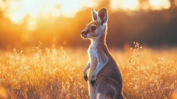 A kangaroo stands in a field at sunset photo