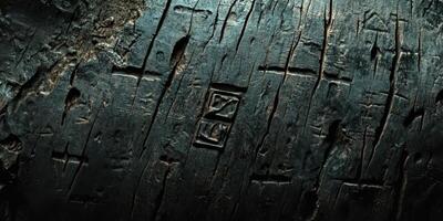 Old dark cracked wooden surface with carvings and markings photo
