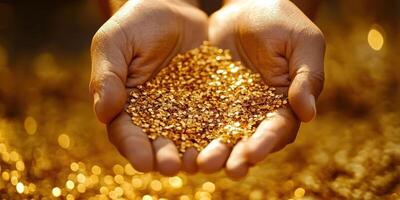 Person holding pile of gold flakes in cupped hands photo