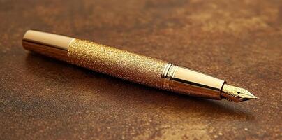 Elegant gold fountain pen rests on a textured brown surface photo