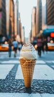 An ice cream cone sitting on the street in front of a city photo