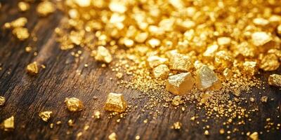 Shiny golden nuggets are scattered on a wooden surface photo