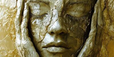 Golden sculpture of a face with hands resting on it photo