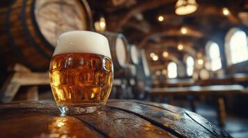 A glass of beer sitting on a wooden table photo