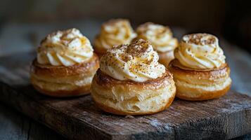 A wooden board topped with four pastries photo