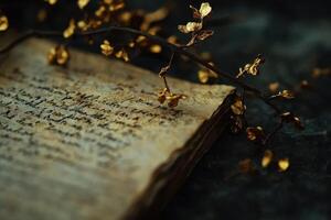 An old handwritten book is adorned with golden branches photo