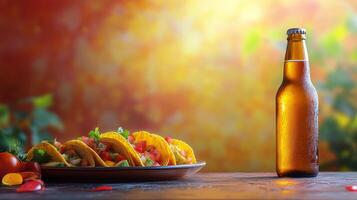 A bottle of beer and tacos on a table photo