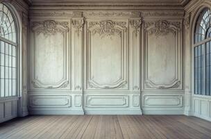 An empty room with white walls and wood floors photo