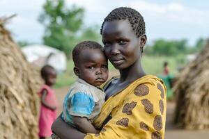 A woman holding a child in front of a hut photo