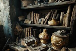 Dusty antique bookshelf filled with old books and ornate pottery photo