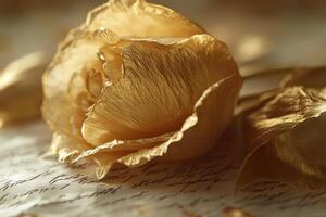 Dried golden rose with petals on handwritten paper background photo