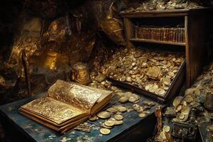 A golden book rests near a treasure chest full of gold photo