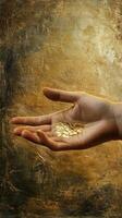 Golden flakes rest gently on an open palm photo