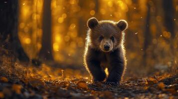 A bear cub walking through the woods at sunset photo