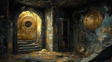 Ornate door leads to an eroded staircase in a ruin photo
