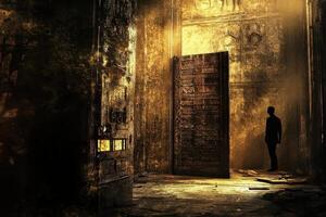 A lone figure stands before an opening into golden light photo