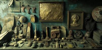 Collection of gilded artifacts and assorted objects on a table photo