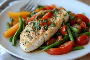 A plate of fish, tomatoes and green beans photo
