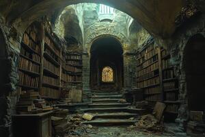 Old and weathered library with towering shelves of antique books photo
