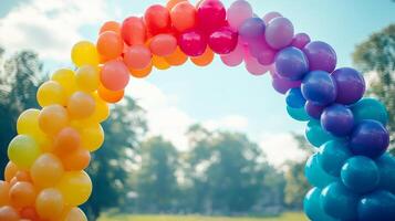 A rainbow colored balloon arch is in the middle of a field photo