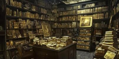 A library filled with books and boxes covered in gold photo