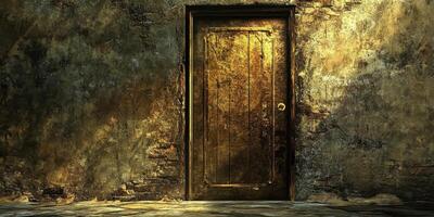 An old wooden door stands against a weathered stone wall photo