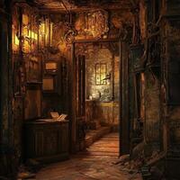 Dimly lit ornate hallway with doorway into another room photo