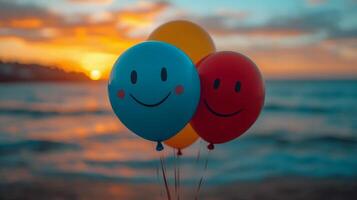 Three balloons with smiley faces on them at sunset photo