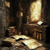 Ancient stone chamber filled with scattered books and gilded objects photo