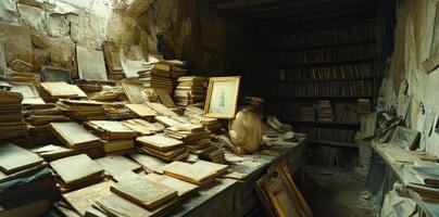 An ancient library shows disorganized books along the dusty shelves photo