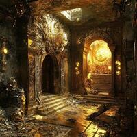 Ornate golden temple interior with arches and light streaming photo